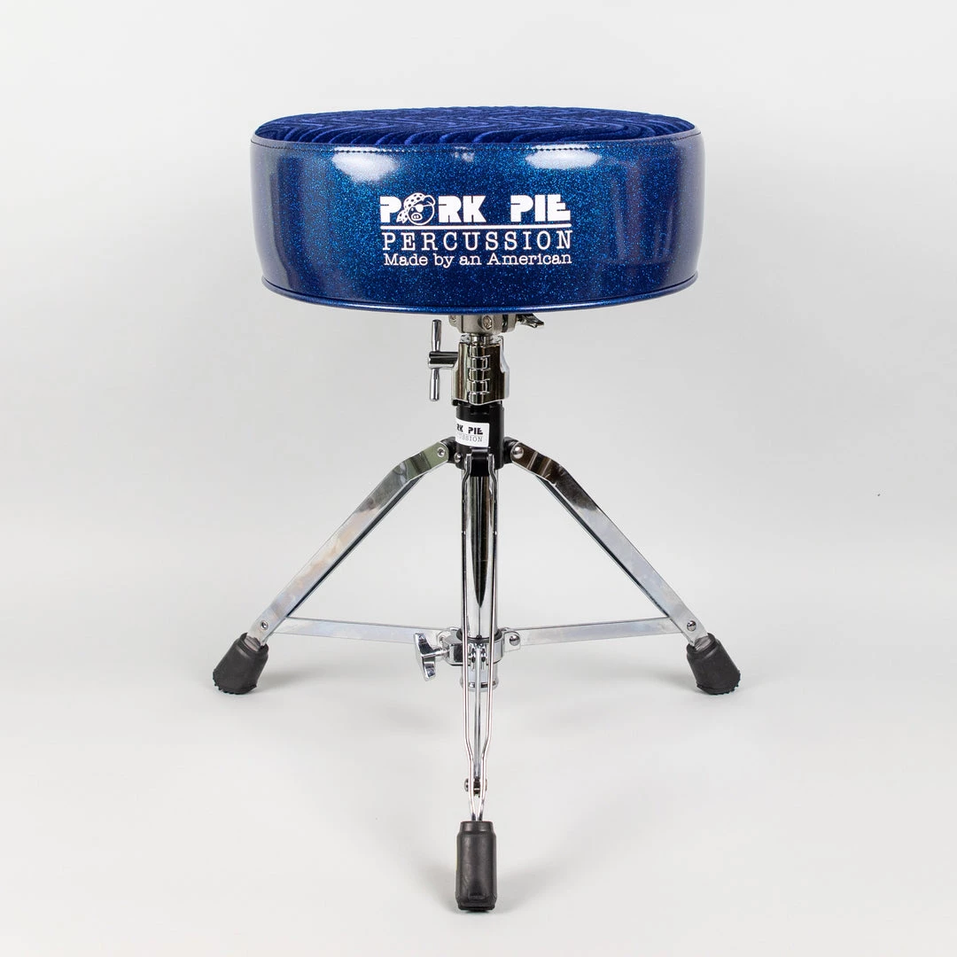 Drum Hardware Pork Pie Round Drum Throne, Blue Sparkle Sides/Blue Swirl Top 3 Drum Hardware Pork Pie Round Drum Throne, Blue Sparkle Sides/Blue Swirl Top