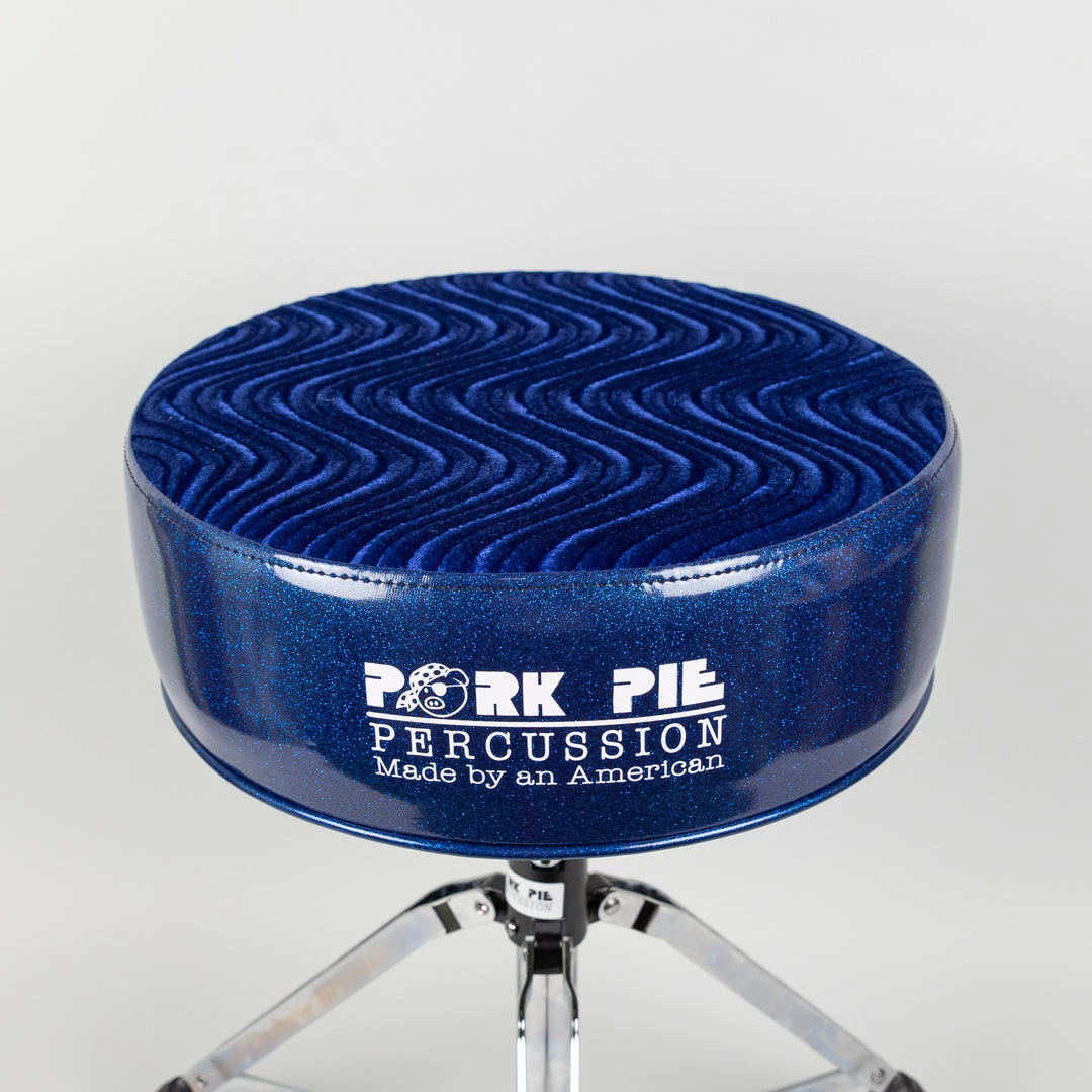 Drum Hardware Pork Pie Round Drum Throne, Blue Sparkle Sides/Blue Swirl Top 4 Drum Hardware Pork Pie Round Drum Throne, Blue Sparkle Sides/Blue Swirl Top