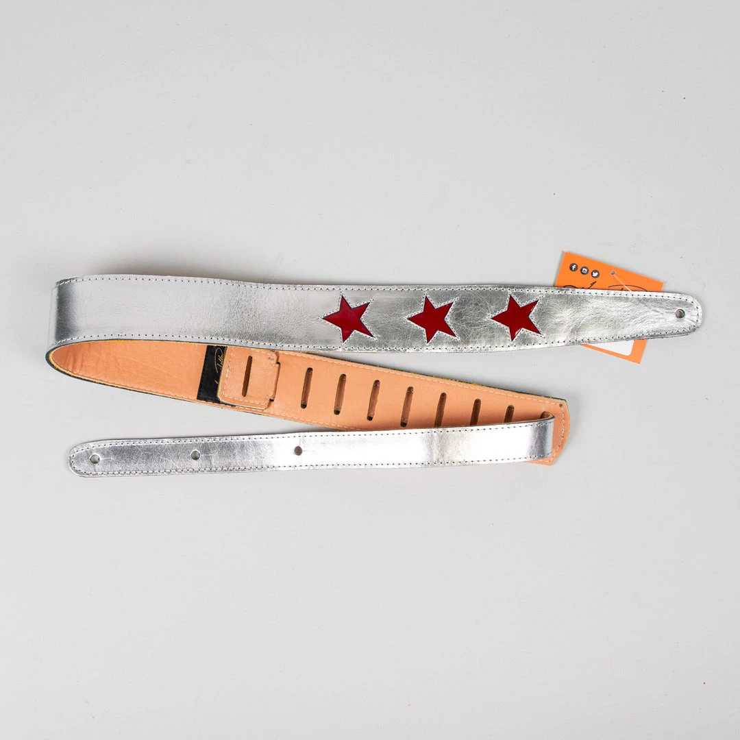 Fretted Accessories Henry Heller 2" Red Star Cut Out Silver Leather Guitar Strap 3 Fretted Accessories Henry Heller 2" Red Star Cut Out Silver Leather Guitar Strap