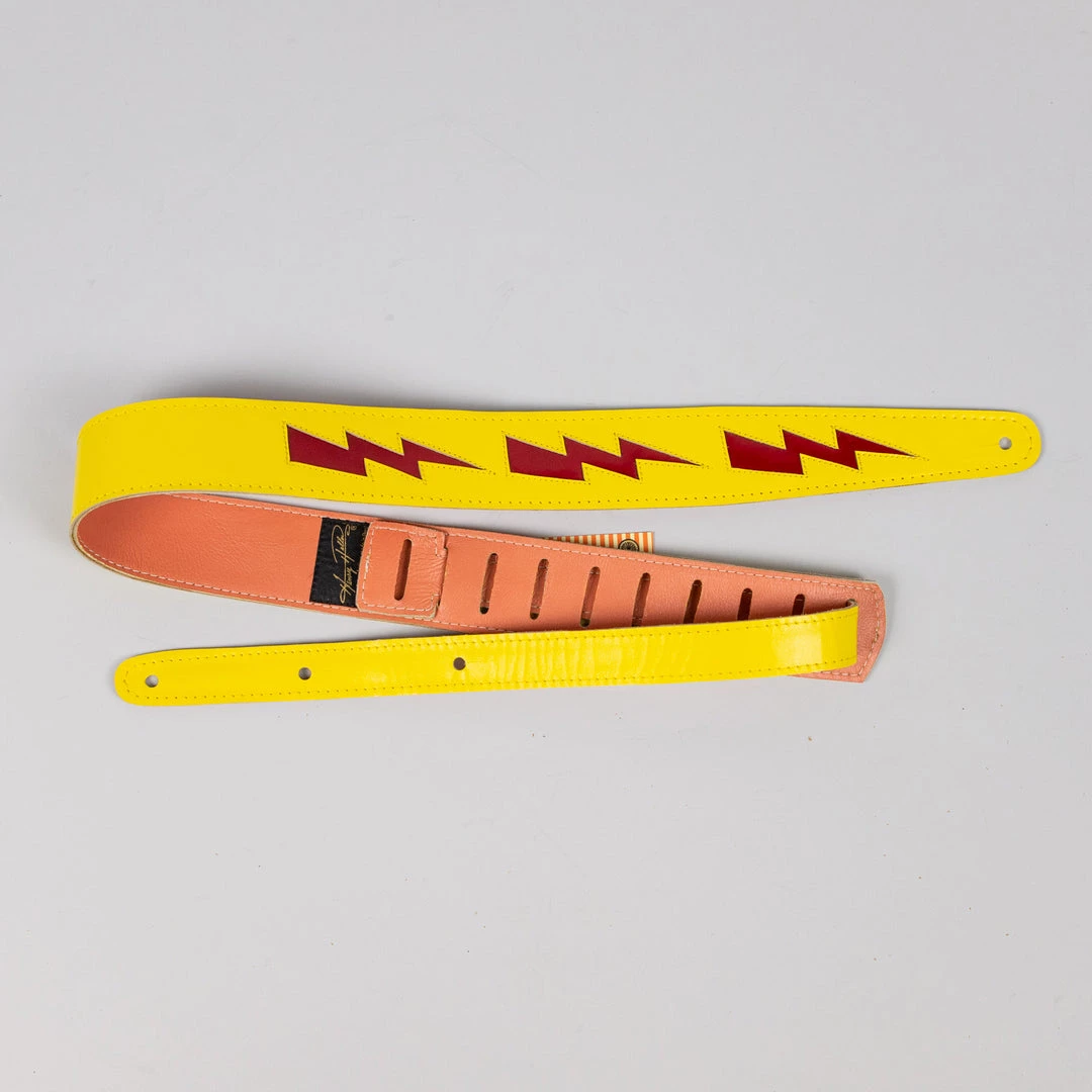 Fretted Accessories Henry Heller 2" Bolt Series Leather Guitar Strap, Yellow With Red Bolts 3 Fretted Accessories Henry Heller 2" Bolt Series Leather Guitar Strap, Yellow With Red Bolts
